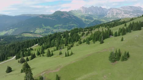 una lenta imagen aérea que captura las exuberantes laderas verdes cerca de santa cristina, tirol del sur, dolomitas, italia