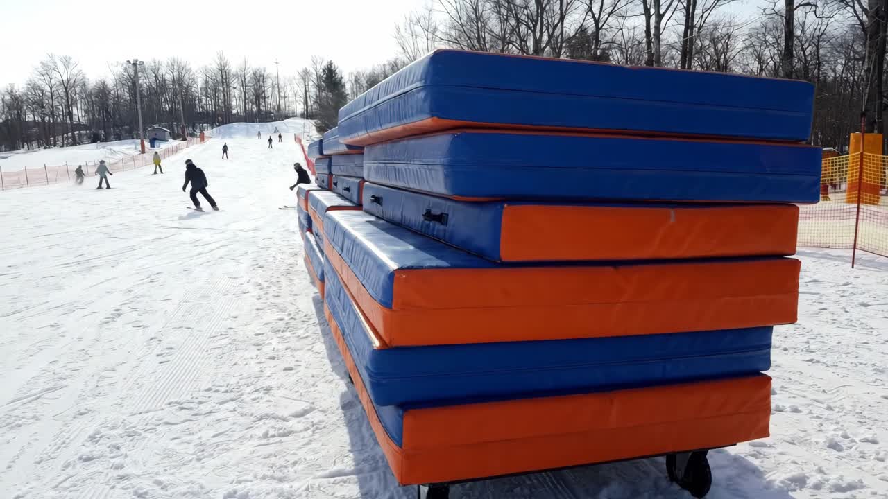 Skiløbere og snowboardere på en solrig vinterbakke med sikkerhedsmåtter