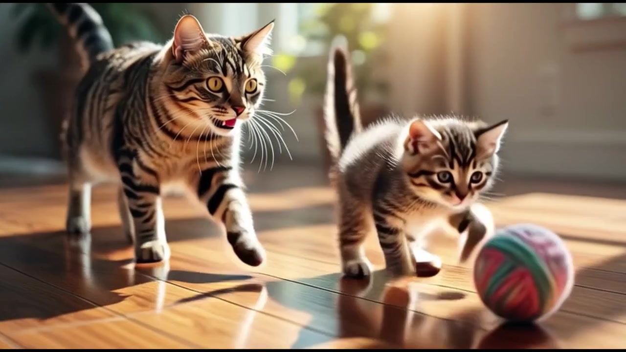Gatto soriano adulto e gattino che giocano con un gomitolo di lana su un pavimento di legno
