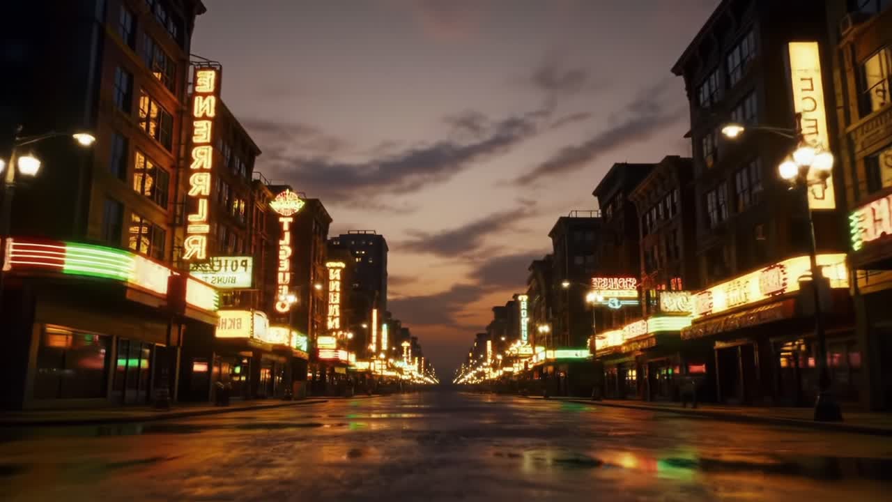 A Serene Evening in the City: Illuminated Streets Lined with Vintage Neon Signs and the Soft Glow of Dusk, Capturing the Charm of Urban Life and Nostalgia