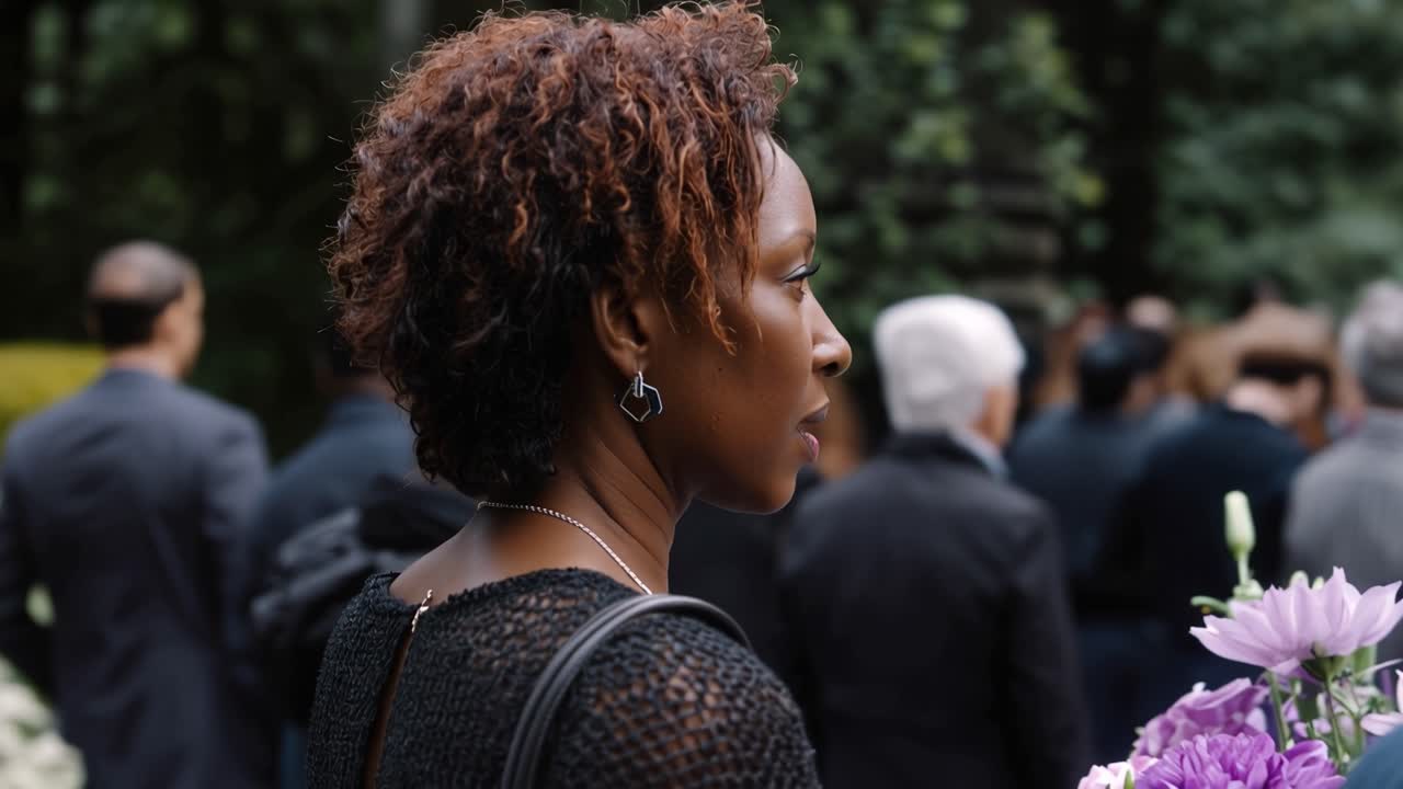 Woman with short curly hair stands solemnly. She wears a black lace top and earrings. She gazes toward a floral arrangement. People gather in a respectful, somber mood