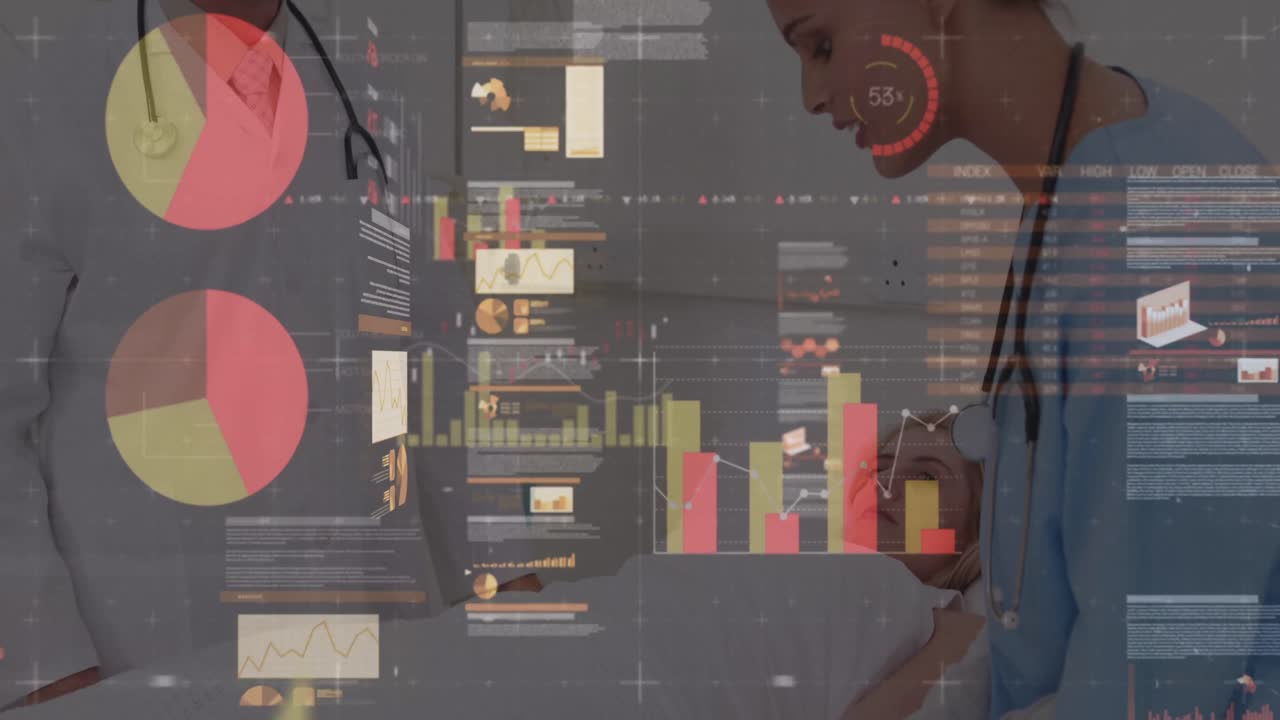 Animation of data processing over caucasian male doctor and female nurse talking