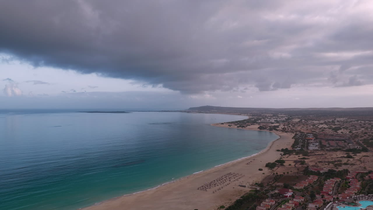 Praia de Chaves ( Chaves beach) popular tourist destination.Coastline aerial view at cloudy day.Boa Vista island situated in the Atlantic Ocean. Republic of Cape Verde, Africa