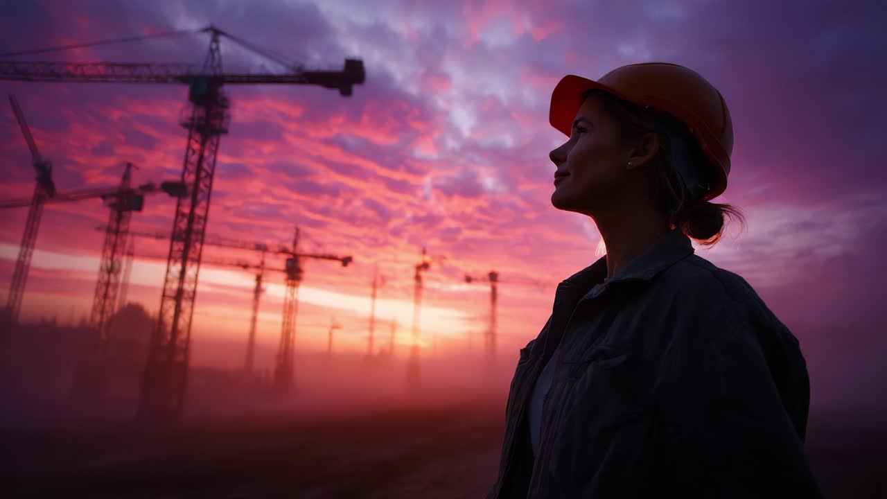 A silhouette of a woman wearing an orange hard hat stands against a breathtaking sunset filled with vibrant oranges and purples, framed by construction cranes and a serene, misty backdrop