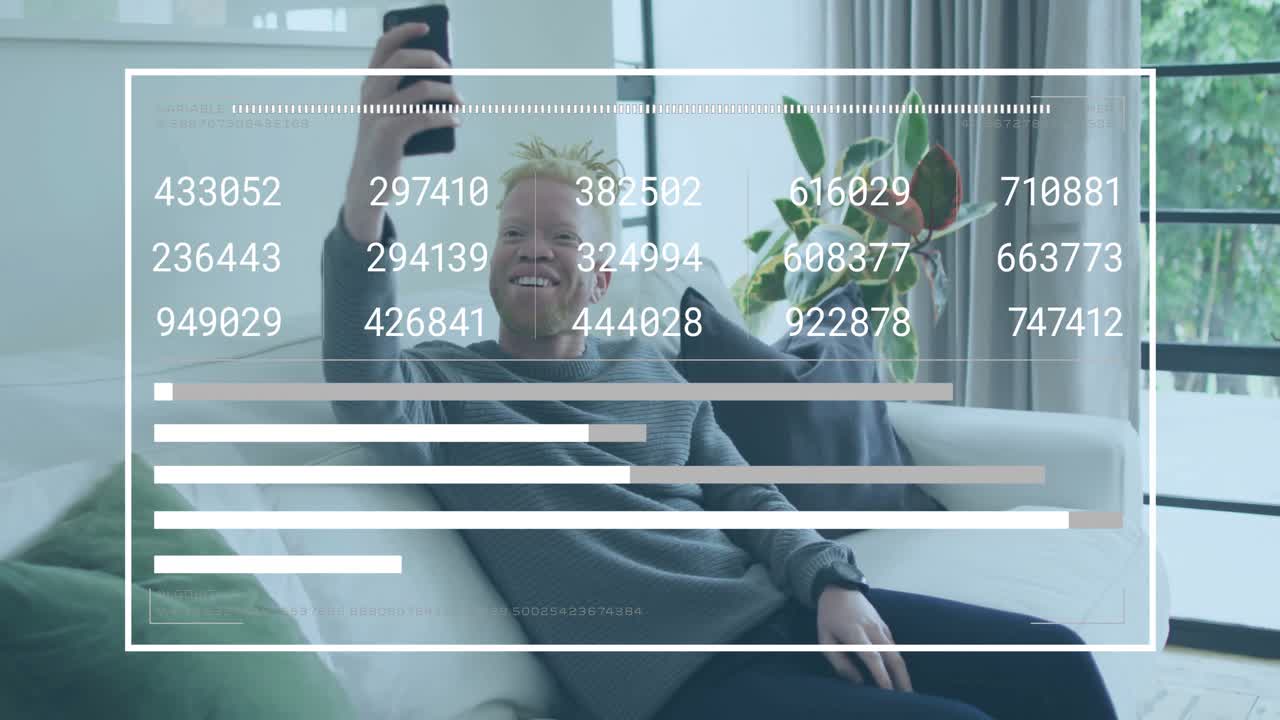 Animation of data processing over albino african american businessman using smartphone