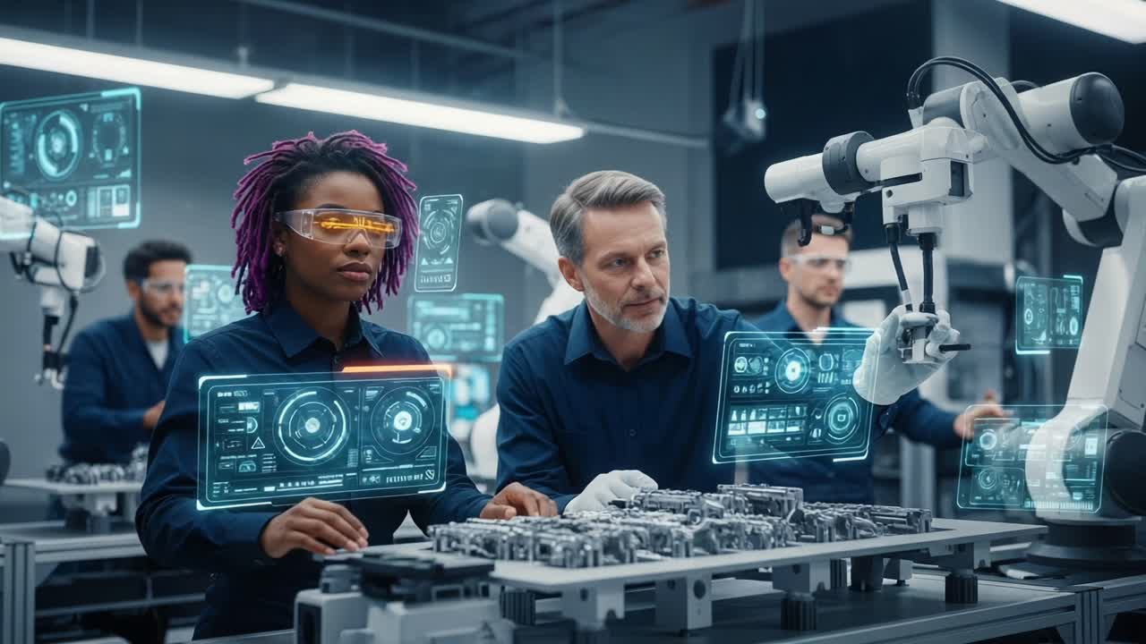 Advanced Robotics and Human Collaboration: Engineers Working on Automated Systems with Augmented Reality in a Modern Manufacturing Environment