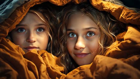 two girls sharing a cozy moment under a blanket in a warm setting