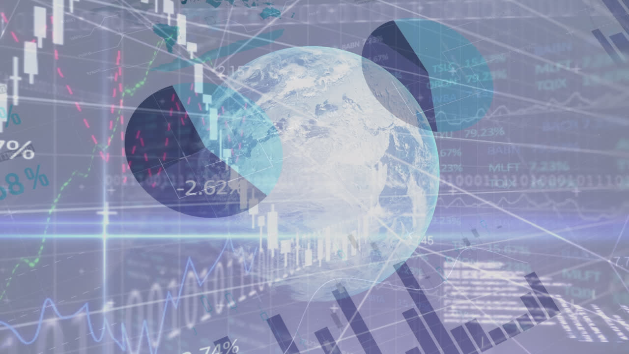 Animação de gráficos e dados financeiros sobre globo e fundo cinza