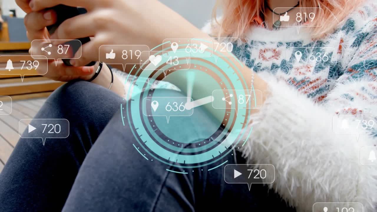 Woman on deck tapping smartphone with clock and icons appearing tracking social media engagement