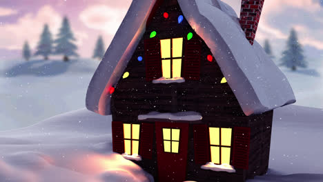 animation of snow falling over house and winter landscape