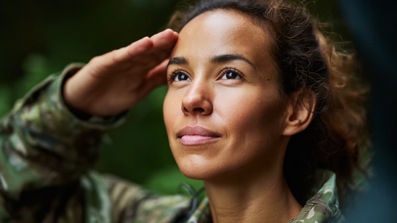 A Confident Soldier Demonstrating Respect and Honor in Nature, Saluting with Dedication and Commitment to Duty, Capturing the Essence of Military Service and Personal Pride in a Beautiful Outdoor Setting
