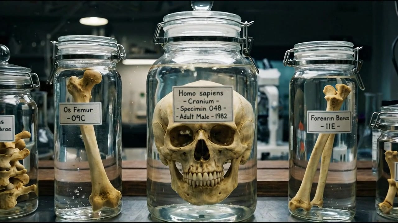 Crânio e ossos humanos preservados em potes de vidro em laboratório