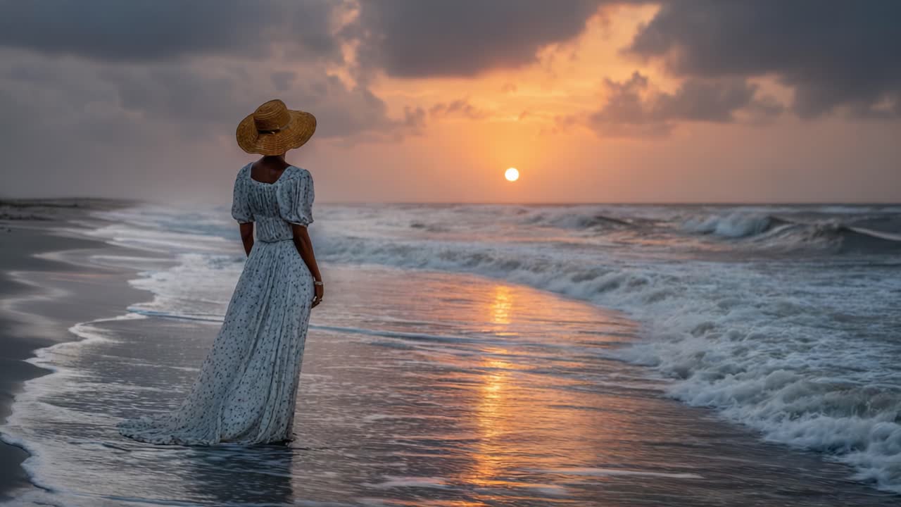 A Serene Sunset: A Woman in a Flowing Dress and Hat Stands on the Shore, Embracing the Beautiful Colors of Dusk as the Ocean Waves Gently Caress the Beach