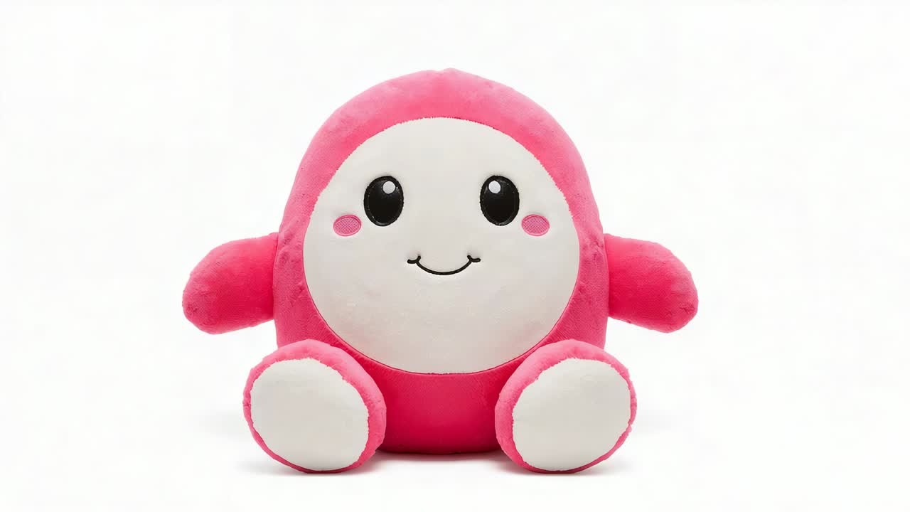 Zooming camera moving closer to pink round plush on white studio surface, showcasing face and feet