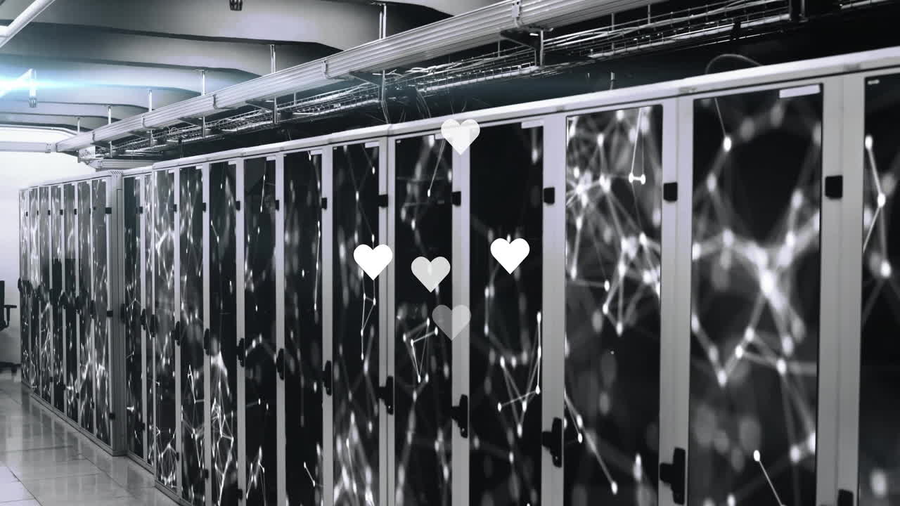 Hearts and network connections animation over server racks in data center