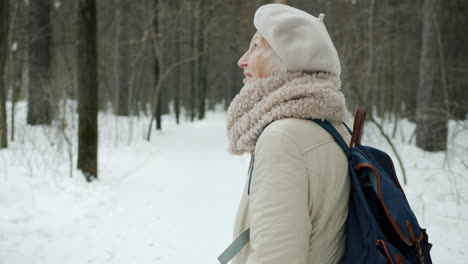 senior woman hiking in a snowy forest