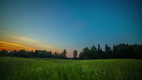 Golden-sunset-to-nightfall-time-lapse-over-a-countryside-meadow-and-picturesque-forest