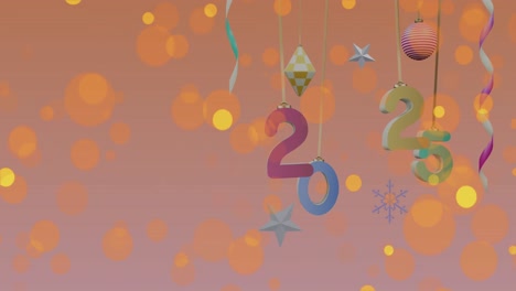 animación del texto de 2025 y decoraciones sobre manchas en fondo naranja.