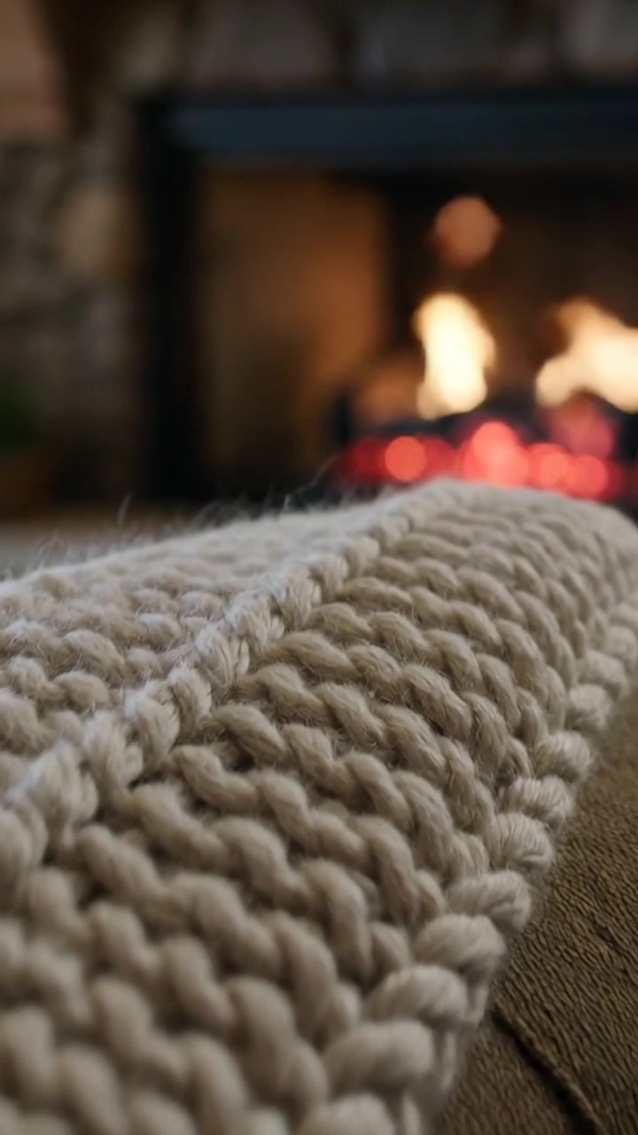 Video verticale: Telecamera che si allontana mostrando un plaid spesso color crema sul divano vicino al caminetto, evidenziando una texture calda.