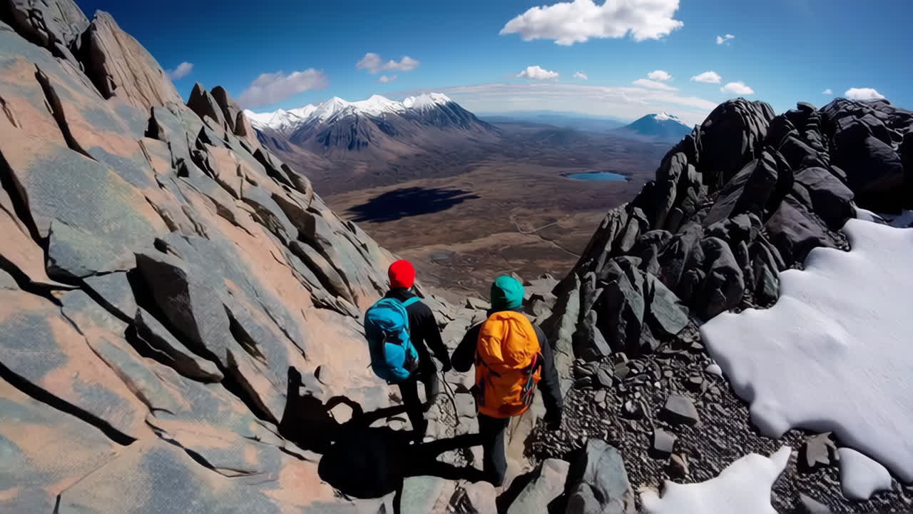 Two backpackers hiking down a rocky mountain trail with a vast scenic valley and snow-capped peaks in the distance