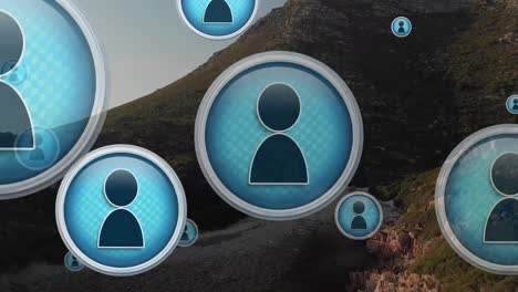animación de las personas de las redes sociales iconos sobre el paisaje