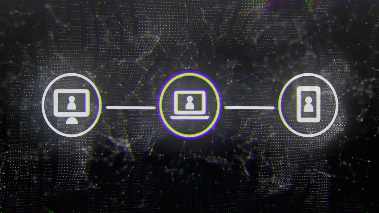 Animation of connected digital devices and network nodes with glowing lines in background