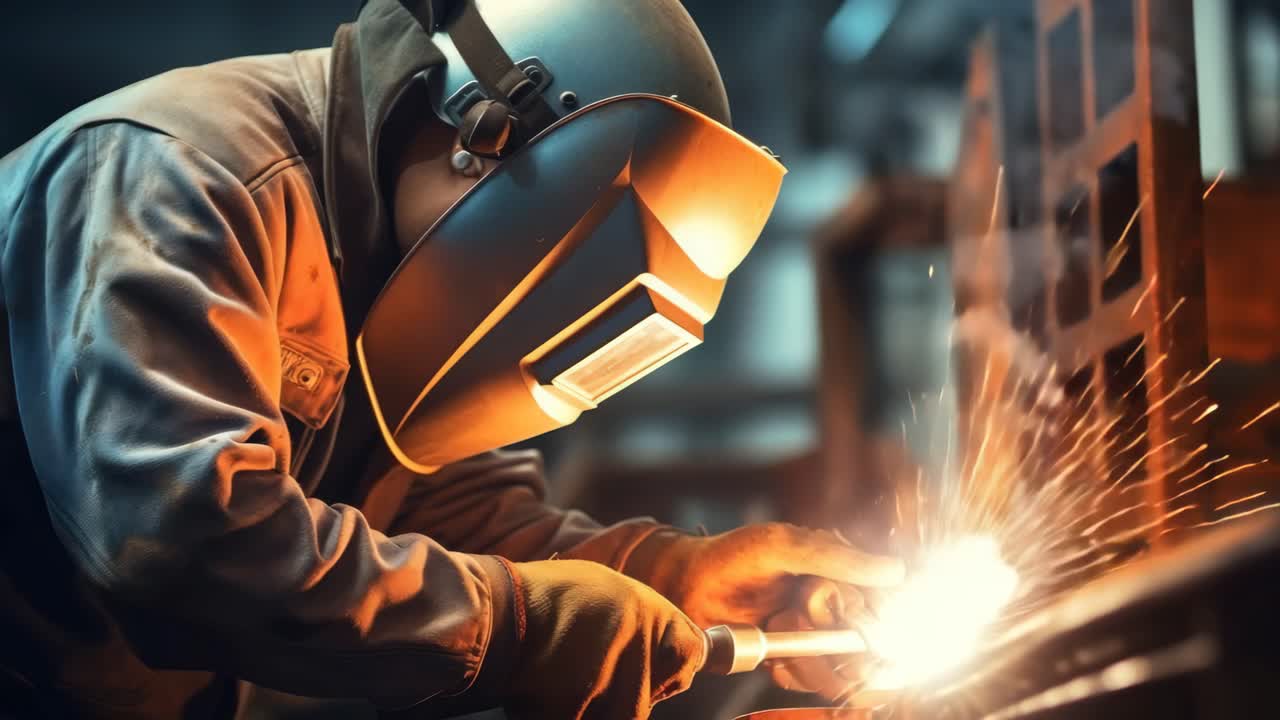 A close-up, low-angle shot of a welder in action, sparks flying