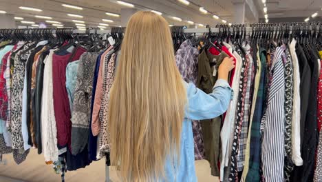 rear view of a young woman shopping in a thrift store cheap shop shop discounts rear view of a young woman shopping in a thrift store cheap shop not expensive clothes used clothes