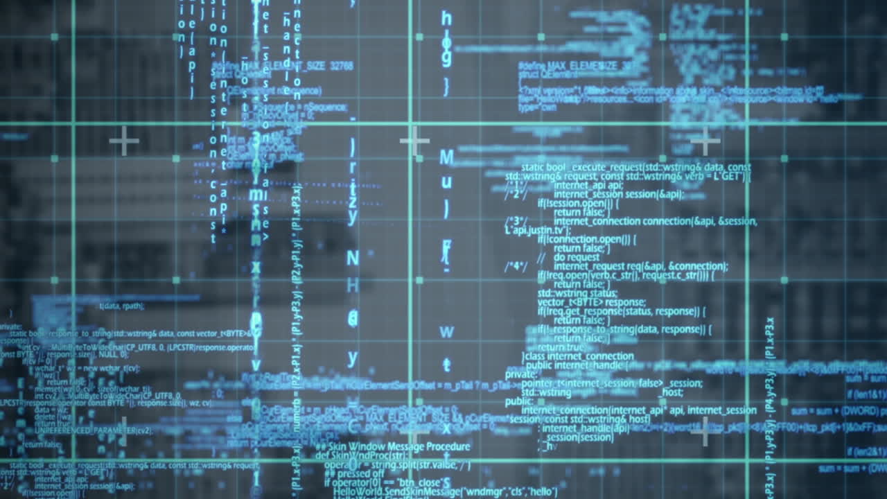 Animation of grid pattern over blue computer programming language against black background
