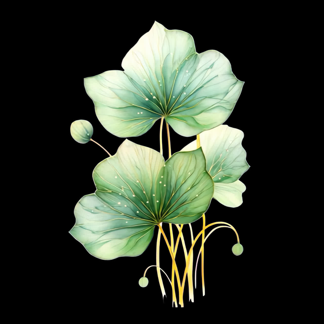 Elegant watercolor lotus leaves illustration animation isolated asset, transparent 4K video, alpha