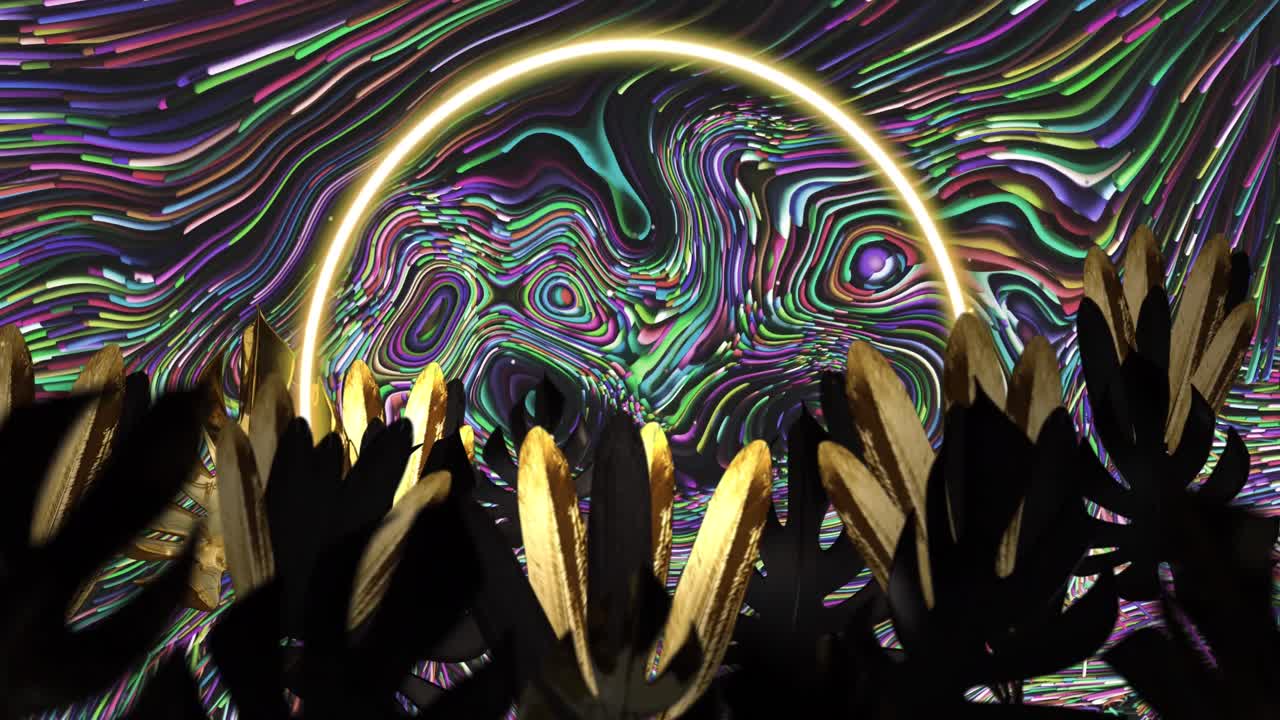 y hojas parpadeantes anillo de luz sobre colorido líquido remolino de fondo