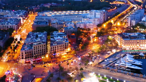 Cityscape-of-Barcelona-at-night,-Spain