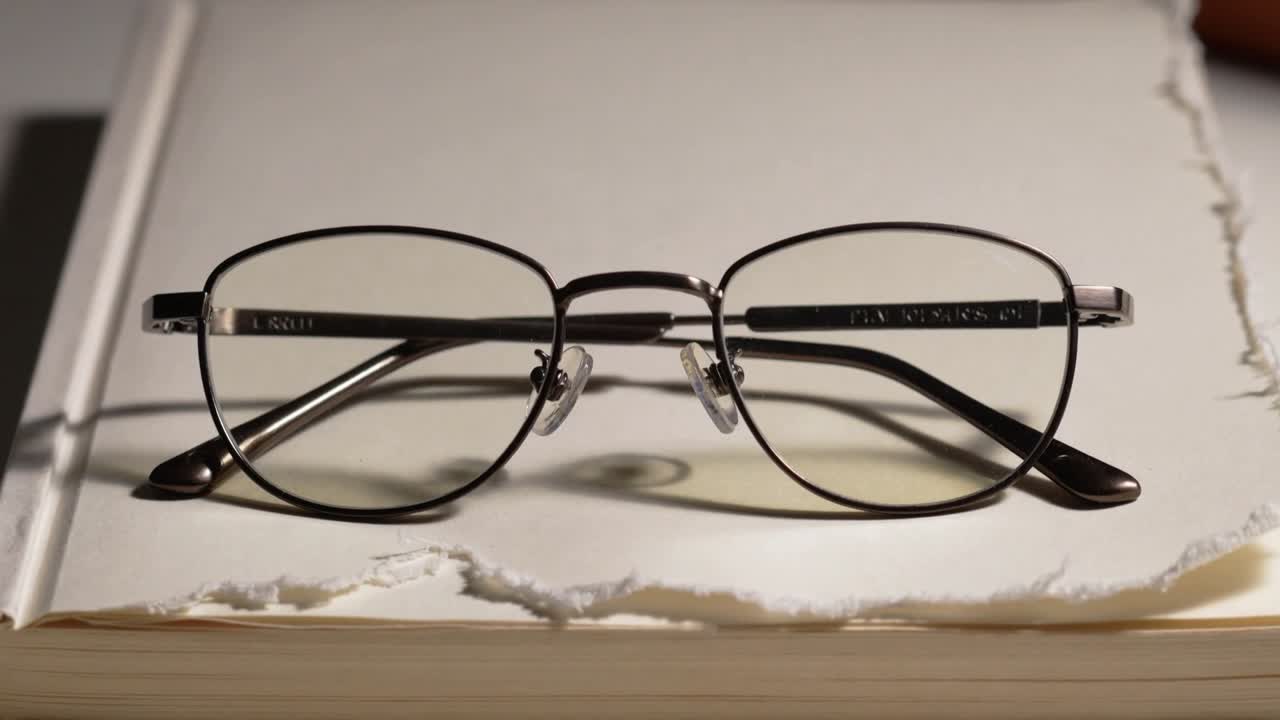 Zooming camera moving closer from center on table, revealing metal glasses on book with torn edge