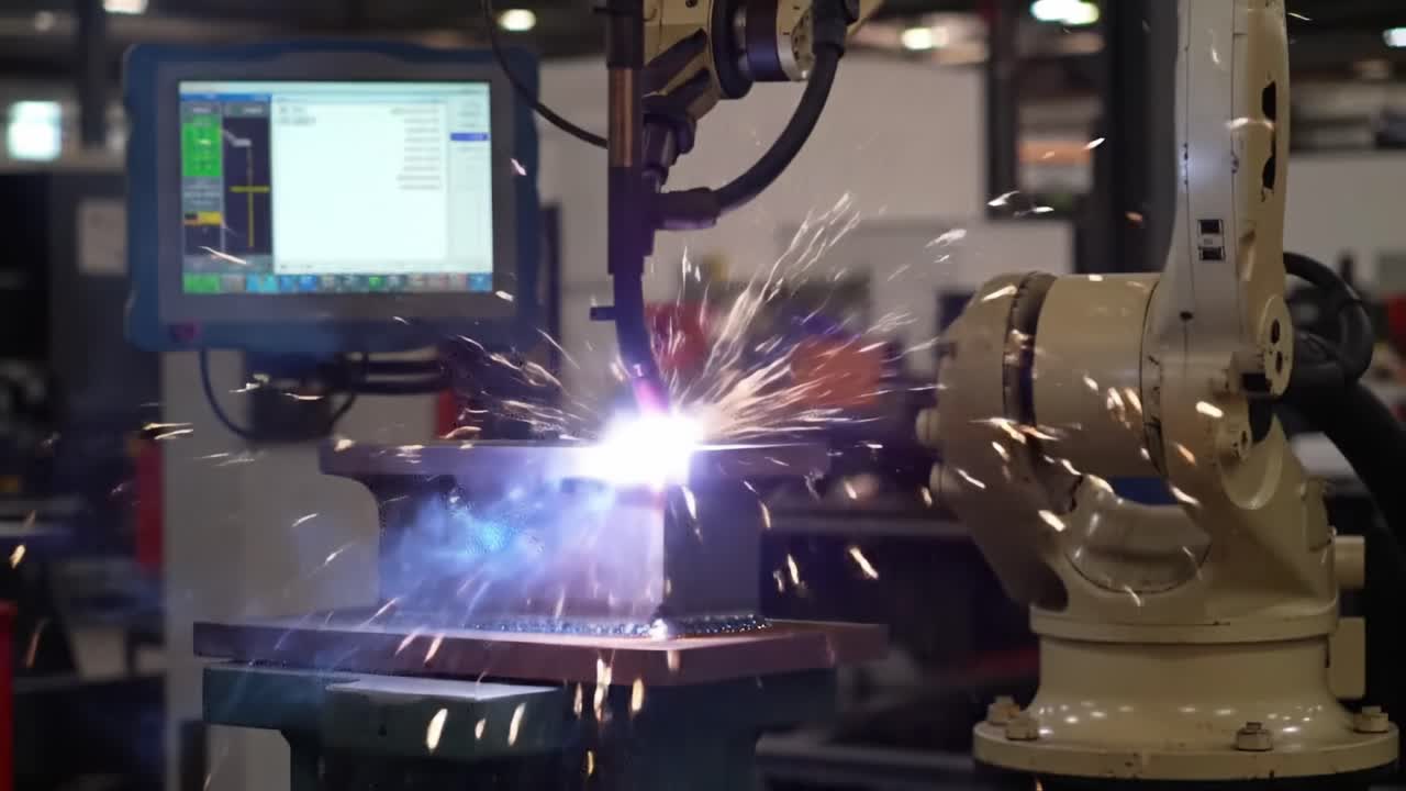 Precision Robotics in Action: A Robotic Arm Performing Welding in an Industrial Setting with Intense Sparks and Illumination from a Bright Arc, Showcasing Advanced Manufacturing Technology