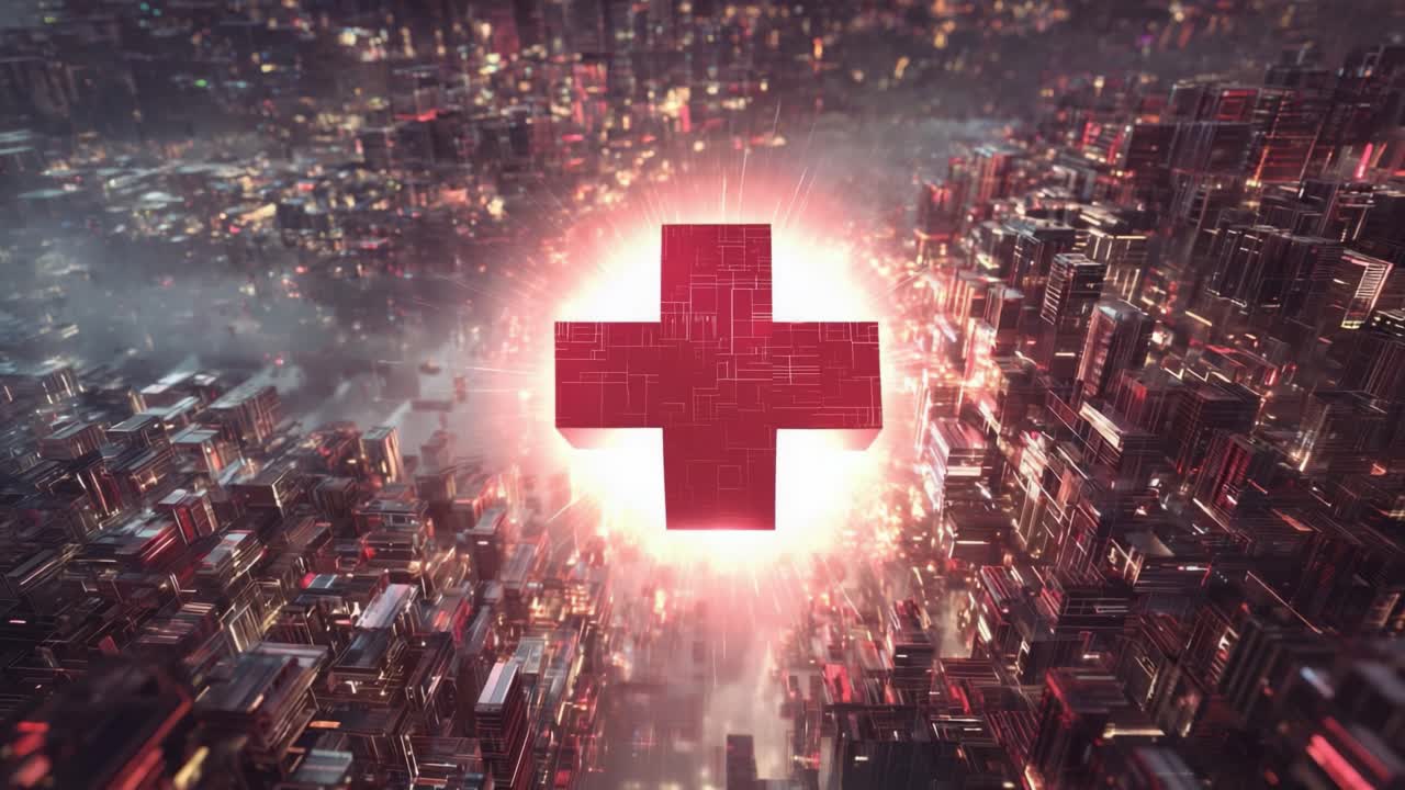 Glowing red cross, a universal symbol of healthcare and medical aid, levitating over a vast and technologically advanced futuristic cityscape at night, representing the future of urban medicine
