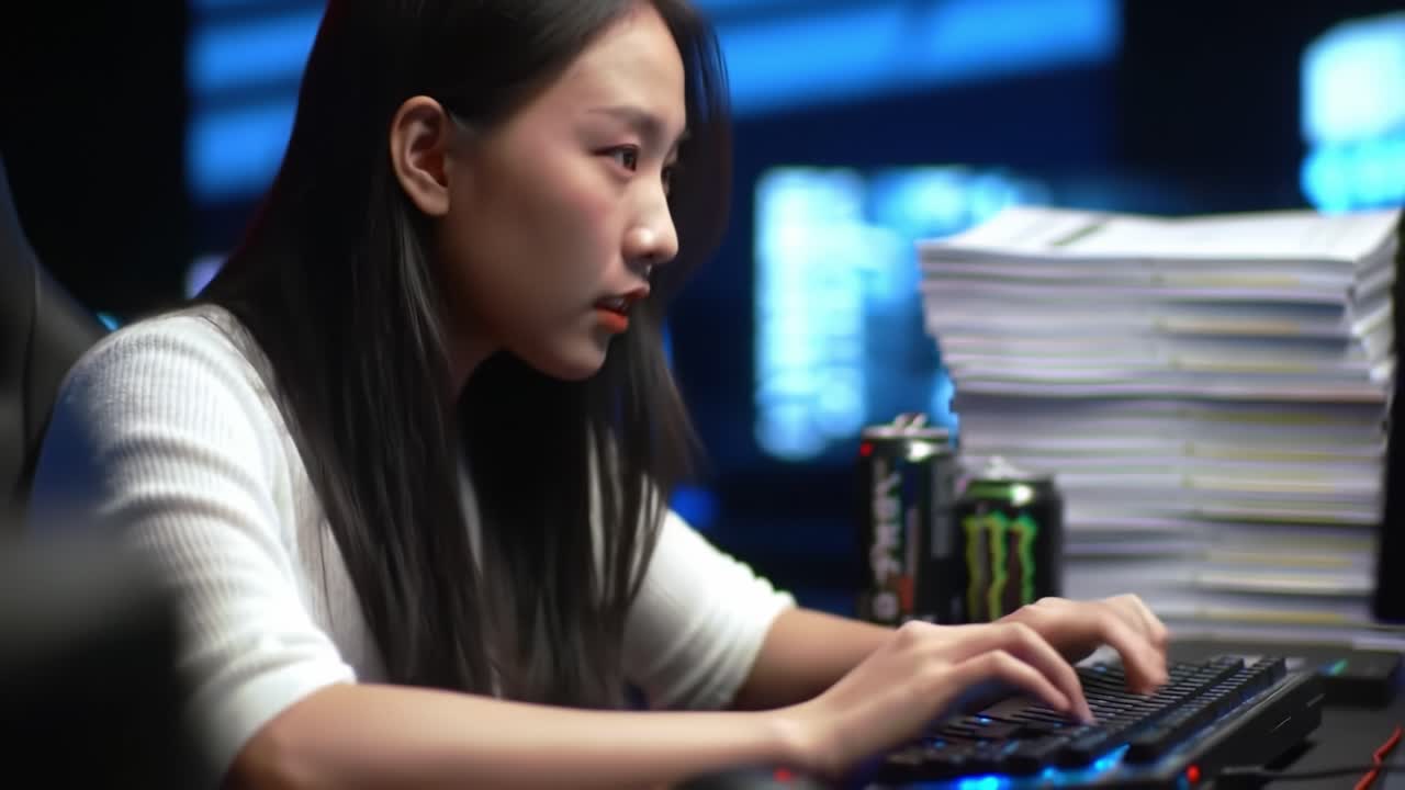 Focused Young Gamer Engrossed in Intense Gameplay While Surrounded by Stacks of Papers and Cans of Energy Drink, Capturing the Essence of Competitive Gaming Culture