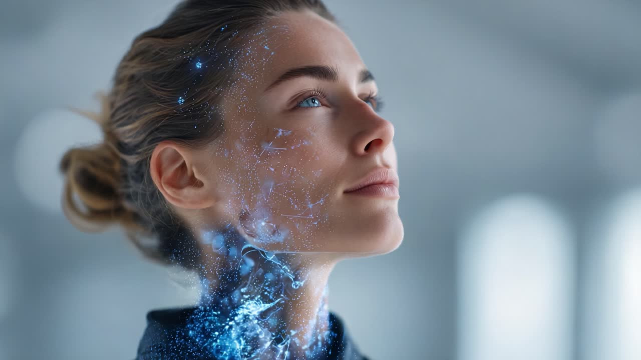 A Futuristic Portrait of a Woman with Ethereal Blue Energy Flowing from Her Face, Capturing the Intersection of Humanity and Technology in a Dreamlike Atmosphere