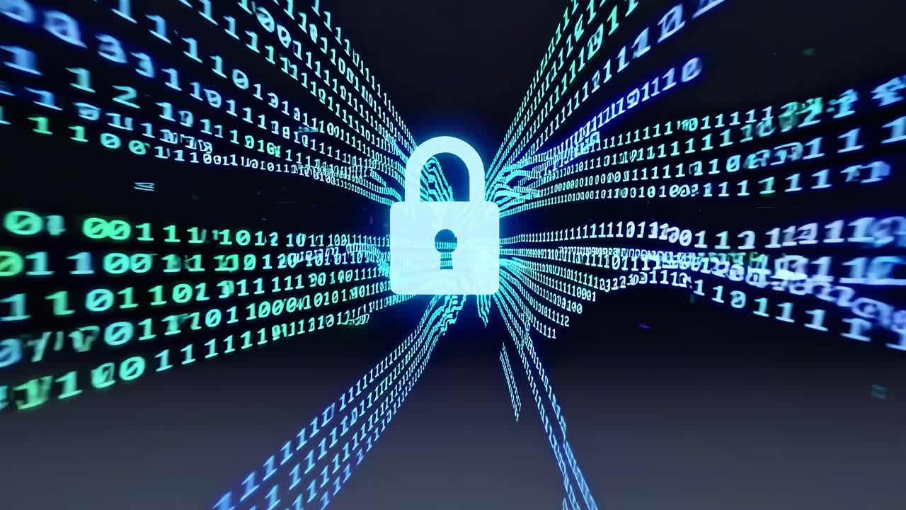 Dynamic video concept of flowing binary code in a digital tunnel