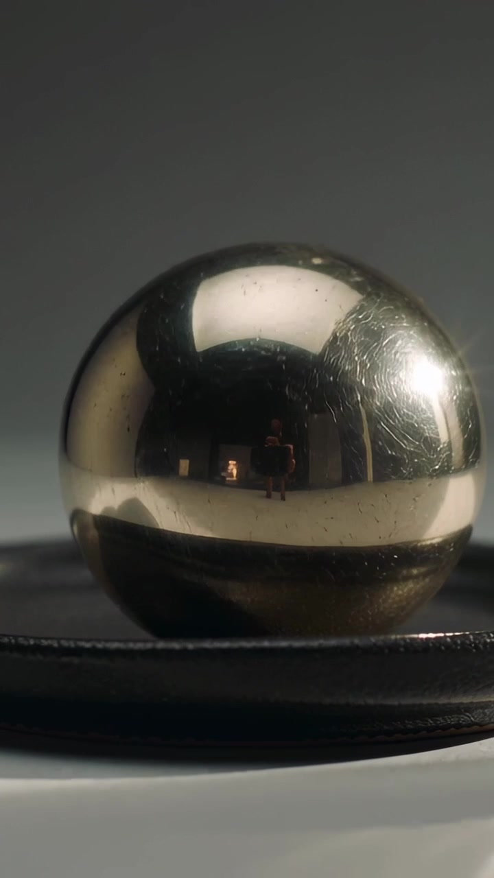 Vertical video: Moving light and camera showing marks on metal sphere on base at studio, reflection