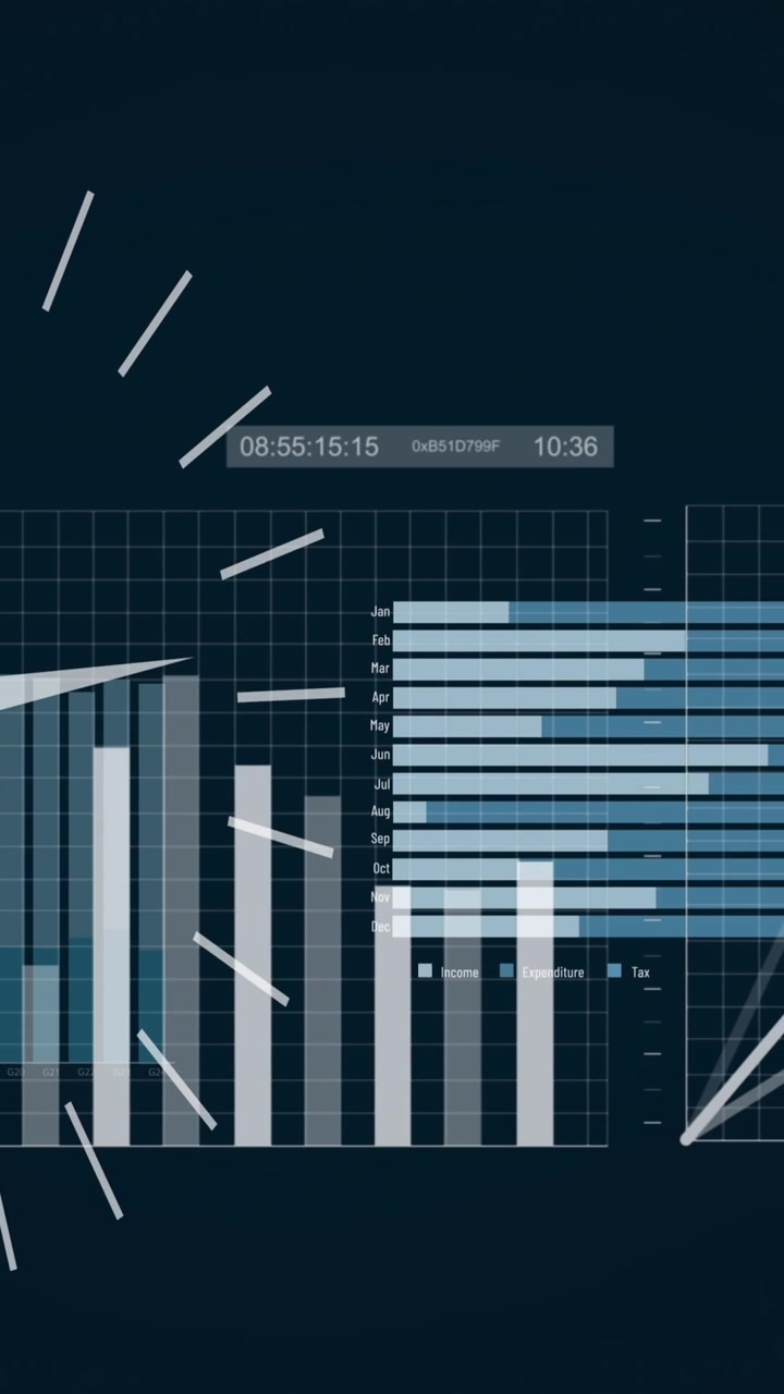 Animation of ticking clock over interface with data processing against blue background