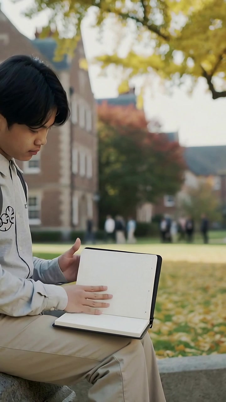 Vertical video: Looking down hooded student flipping black book on campus bench to study