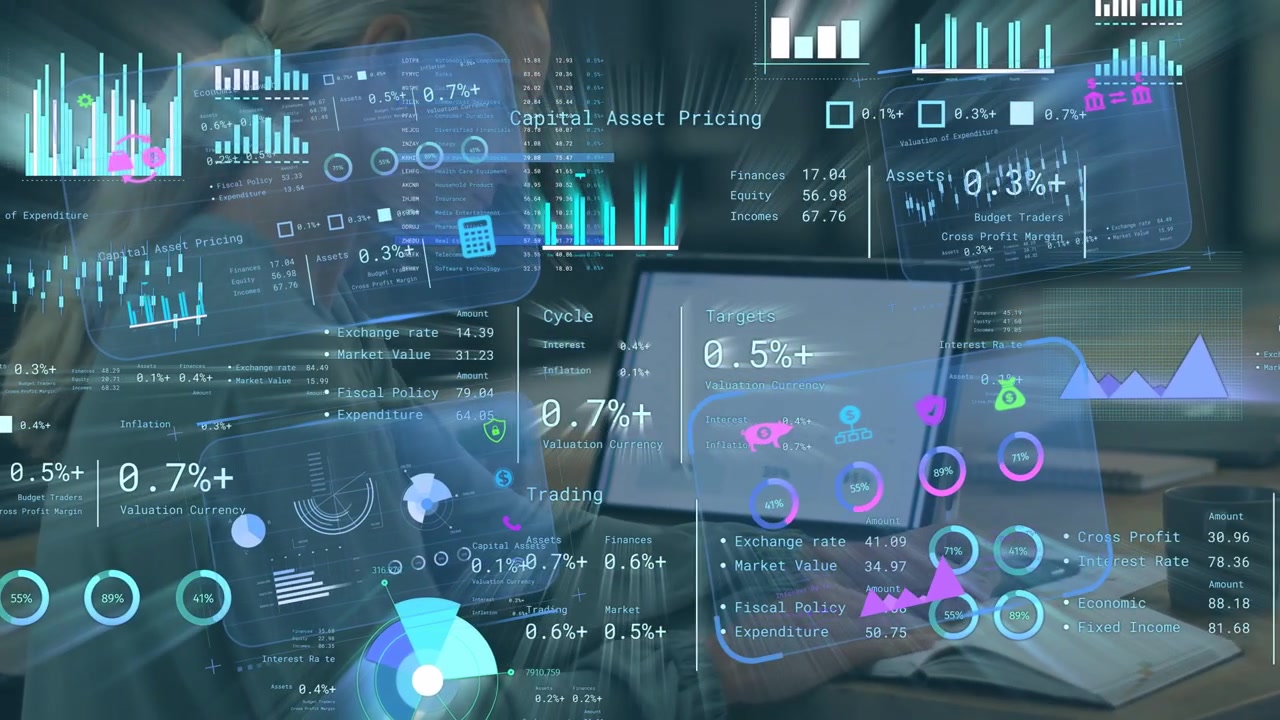 Female analyst tapping phone and tablet at desk, updating finance HUDs with charts, values