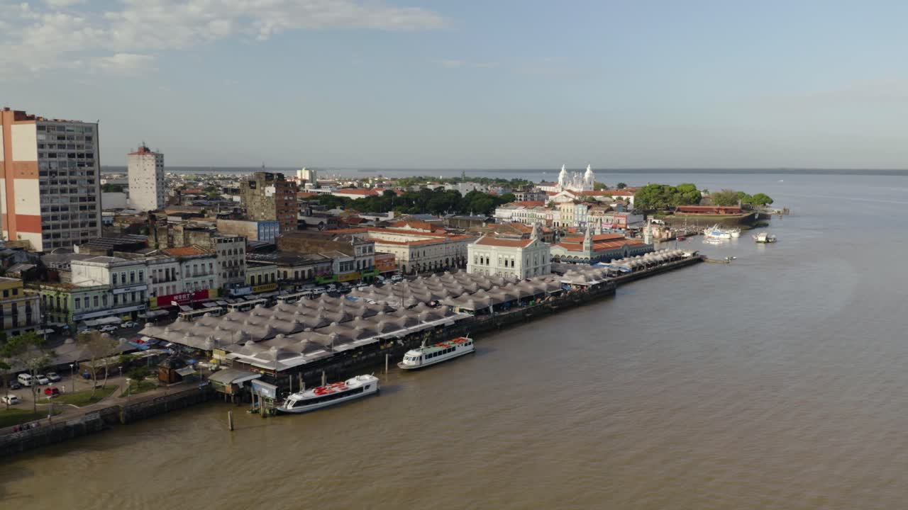 An aerial drone view of the riverside Ver-o-Peso Market in Belém, Brazil.