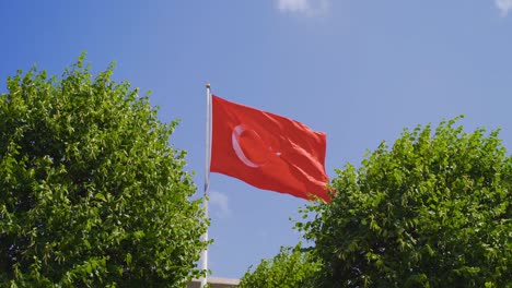 Türkische-Flagge-Weht-Zwischen-Den-Grünen-Bäumen.