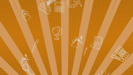 school supplies and learning tools animation over orange radial background