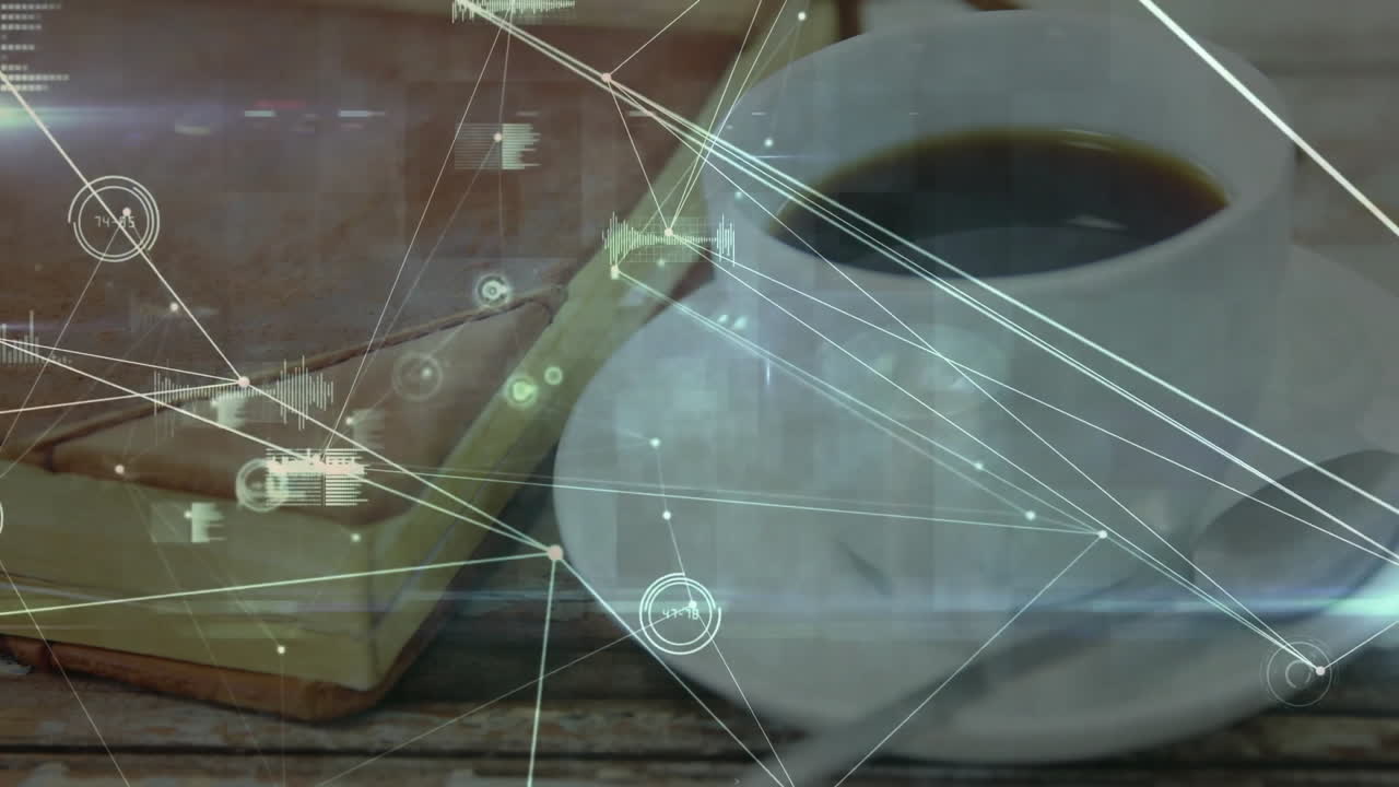 White ceramic coffee cups resting on wooden table, showing glowing network and floating HUD nodes