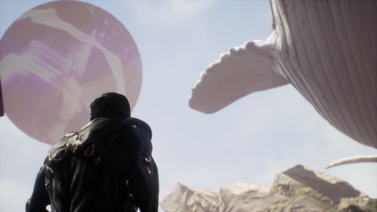 cgi 장면, 한 무리의 외계 흑인 전사들이 아름답고 화창한 사원 환경에서 하늘을 나는 거대한 고래를 바라보며 무릎을 꿇고 있습니다.