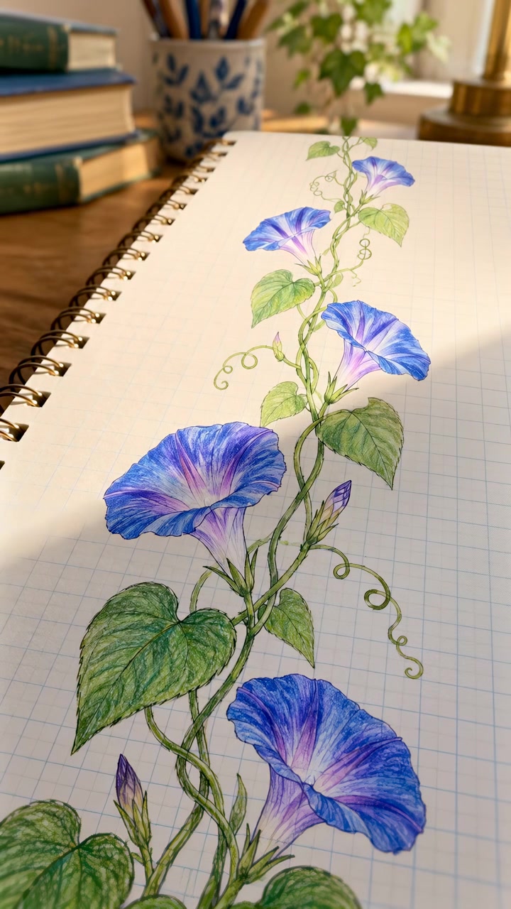 Un disegno botanico colorato riempie la pagina di un quaderno con fiori a tromba blu e viola, viticci arricciati e foglie verdi, mentre la luce mutevole della finestra passa sulla carta accanto a libri e matite.