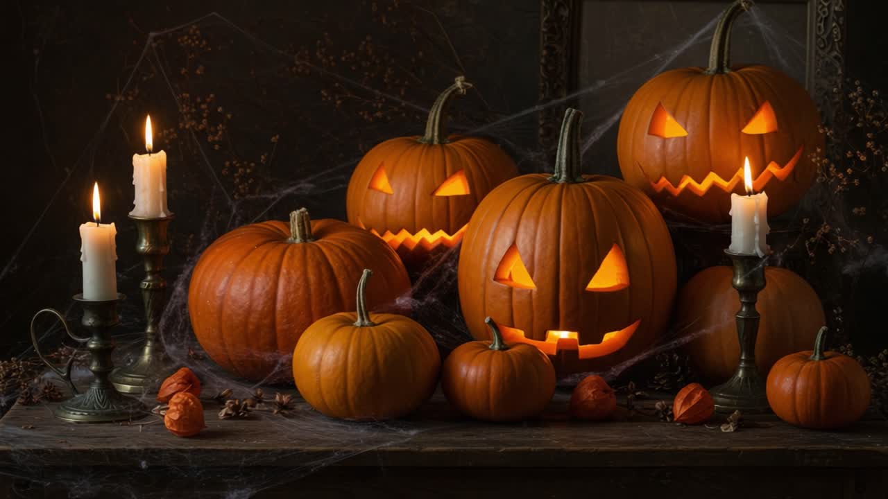 Jack-o'-Lanterns and Candles Create a Spooky Atmosphere in an Eerie Halloween Display Featuring Glowing Pumpkins and Cobwebs