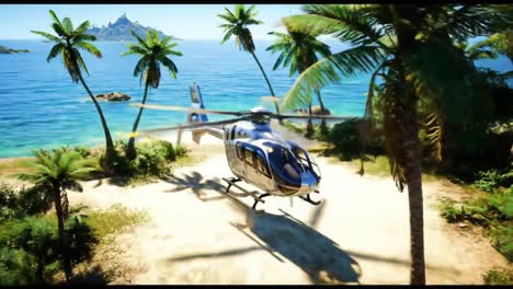 a helicopter gracefully landing on a tropical beach surrounded by lush palm trees and clear turquoise water, creating an idyllic scene of adventure and relaxation